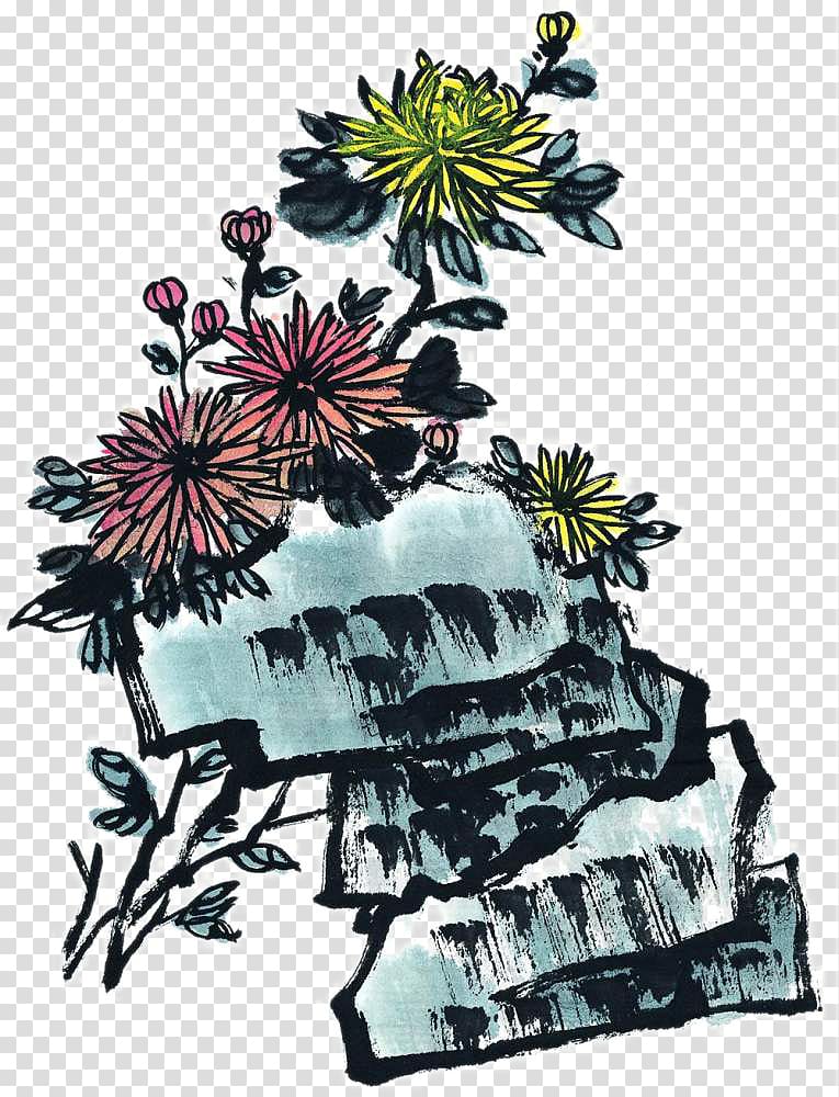 Ink wash painting Four Gentlemen Chrysanthemum Flower, Ink chrysanthemum transparent background PNG clipart