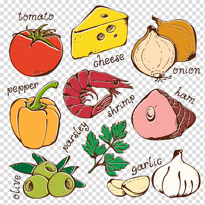 Pizza Hamburger Ingredient , seafood and vegetables transparent background PNG clipart