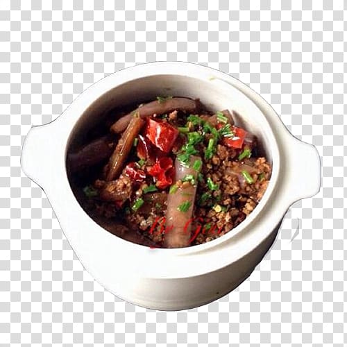 Asian cuisine Minced pork rice Stew Eggplant, White pot in Eggplant and pork transparent background PNG clipart