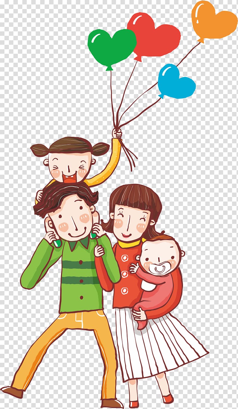 man carrying girl holding balloons near to woman carrying baby illustration, u6210u4e3au7236u6bcd Family Child u4eb2u5b50u5173u7cfb, family transparent background PNG clipart