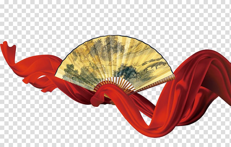 Hand fan, Dinette with red satin transparent background PNG clipart