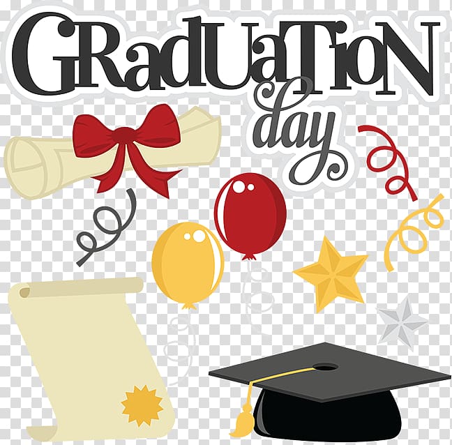 Graduation Day text with balloons, stars, and scrolls, Graduation ceremony Scrapbooking Square academic cap Scalable Graphics , Graduation Day transparent background PNG clipart
