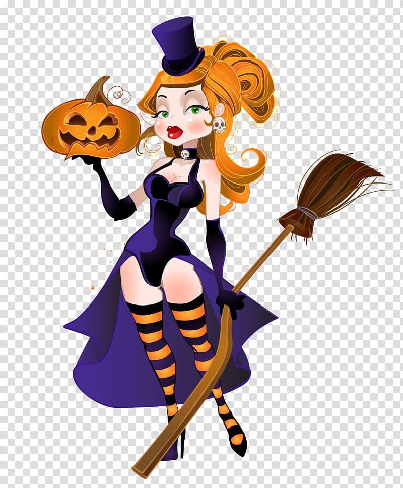 witch holding broomstick and jack-o-lantern, Halloween Witchcraft Illustration, Halloween Witch with Broom and Pumpkin transparent background PNG clipart