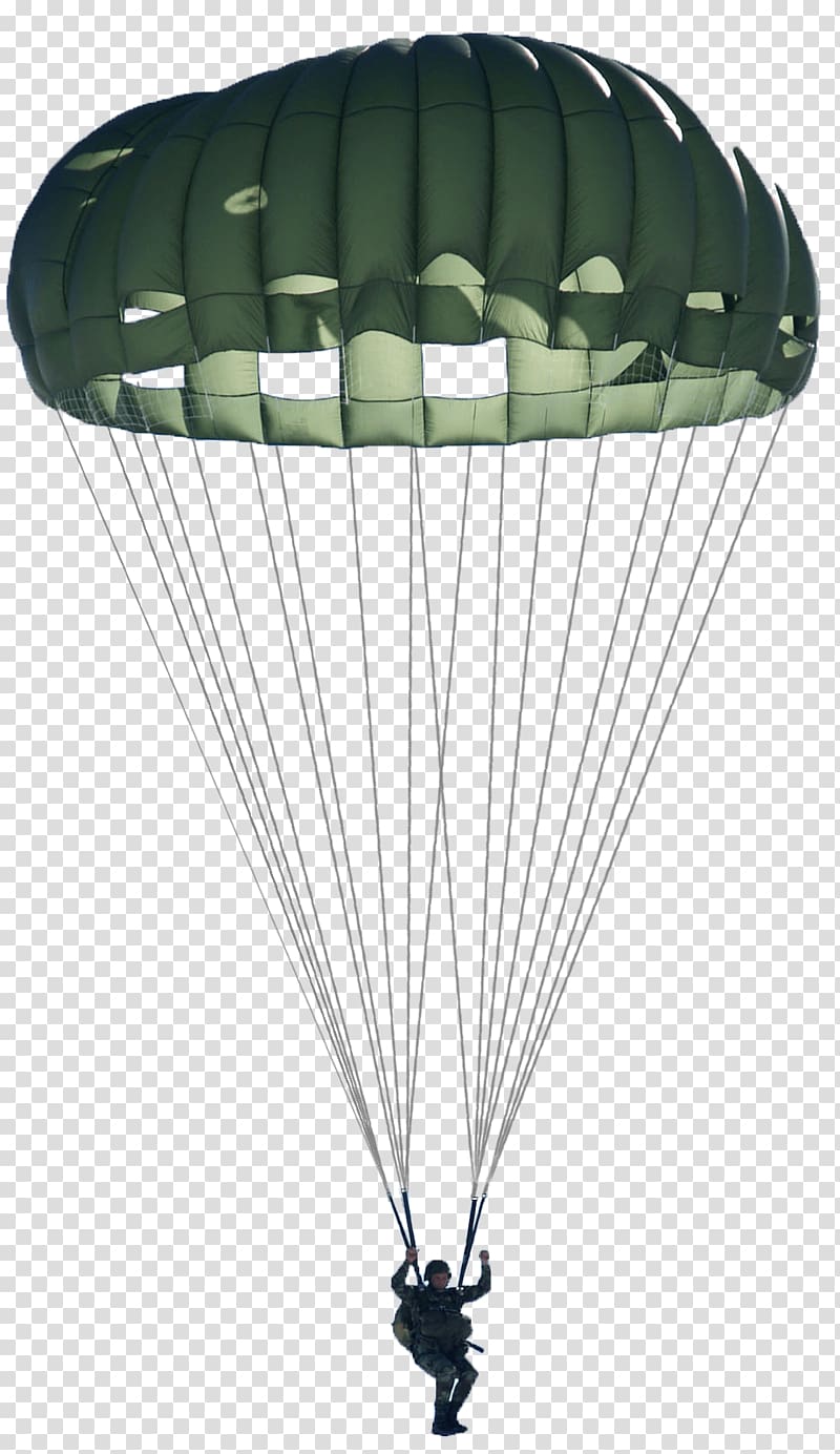 man riding parachute, Green Military Parachute transparent background PNG clipart