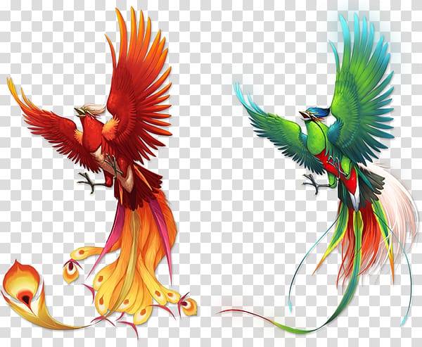 two red and green Phoenix , Bird Phoenix Fenghuang, Phoenix color pattern transparent background PNG clipart