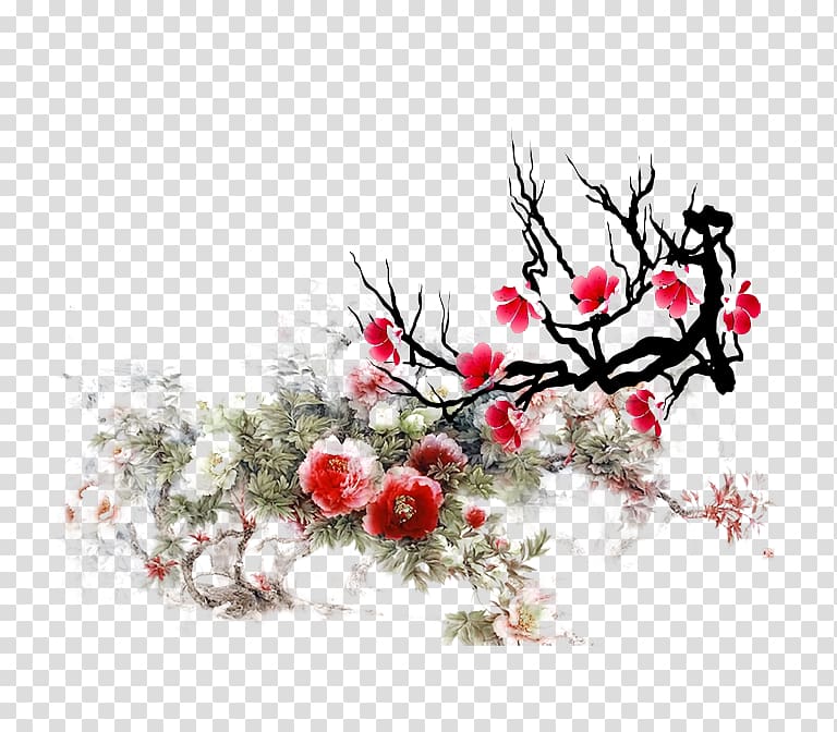 Ink wash painting Gongbi Google Baidu, Plum flower transparent background PNG clipart