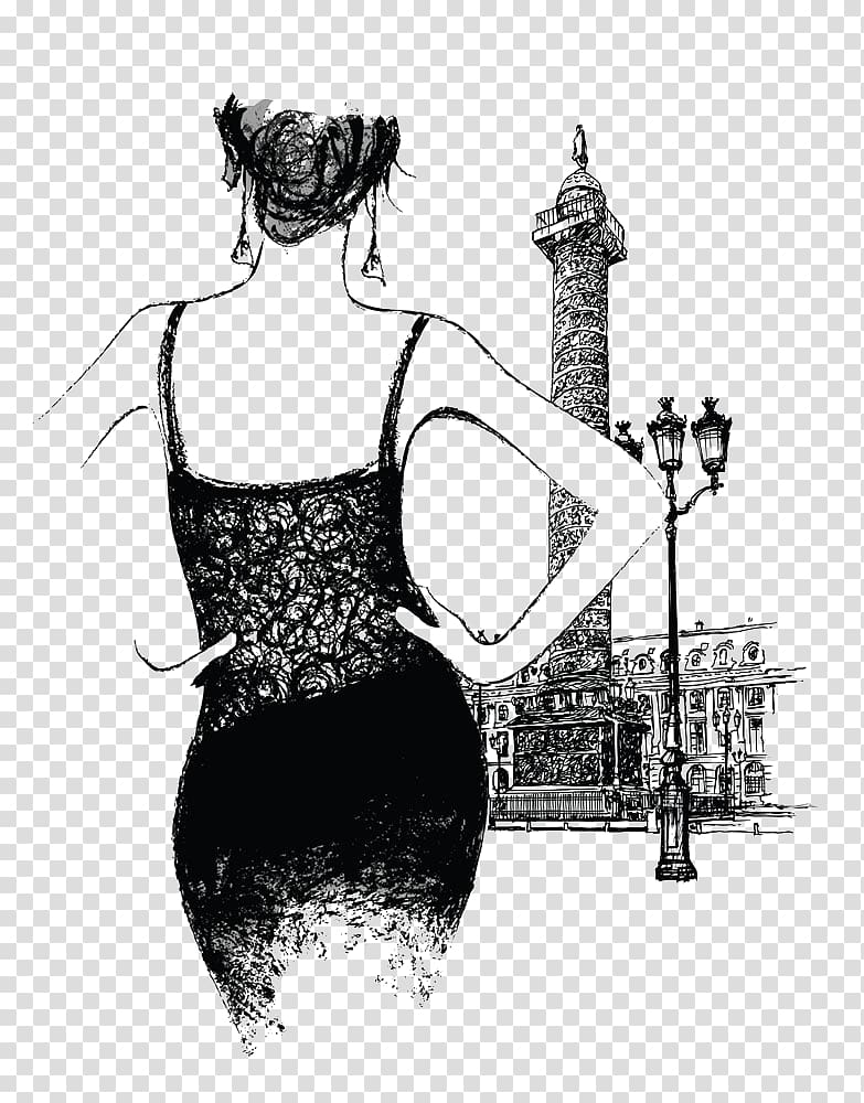 woman wearing spaghetti strap dress with both her hands on her waist doodle, Paris Woman Illustration, Woman back transparent background PNG clipart