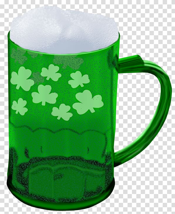 green glass ceramic mug , Beer glassware Saint Patrick\'s Day Drink, St Patrick Green Beer with Shamrocks transparent background PNG clipart