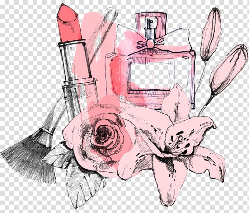 lipstick, fragrance bottle, makeup brush, and flowers illustration, Floral design Cosmetics Perfume Drawing , perfume transparent background PNG clipart