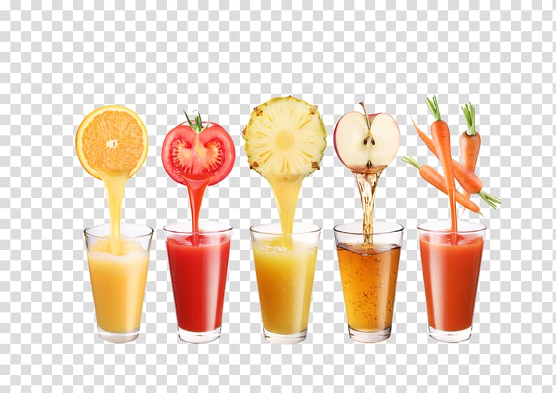 five assorted flavored fruits and carrot juices, Juice fasting Slush Detoxification Juicer, A variety of fruit juices transparent background PNG clipart