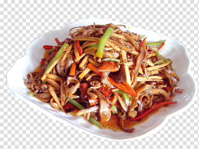 Chow mein Chinese noodles Lo mein Yakisoba Fried noodles, A plate of spicy Dusi transparent background PNG clipart