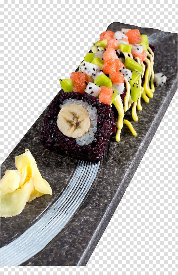 Japanese Cuisine Sushi Korean cuisine Barbecue Vegetarian cuisine, Colorful purple rice sushi transparent background PNG clipart