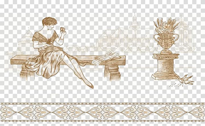 Sitting Illustration, Beauty sitting on a stone bench transparent background PNG clipart