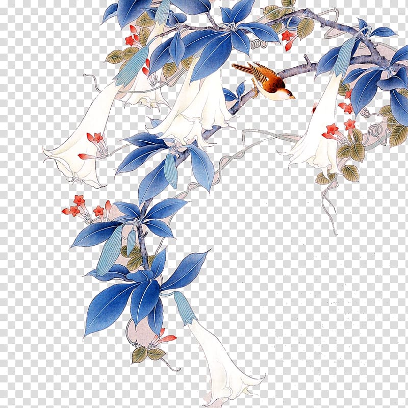 white brugmansia flowers painting, Gongbi Bird-and-flower painting Chinese painting Hanging scroll, Birds in the branches transparent background PNG clipart