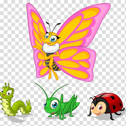 four butterfly, caterpillar, grasshopper and ladybird , Butterfly Cartoon Character Illustration, Butterflies and Insects transparent background PNG clipart