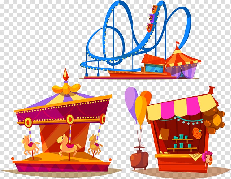three assorted-color carnival booth , Amusement park Carousel Roller coaster, creative roller coaster amusement park carousel transparent background PNG clipart