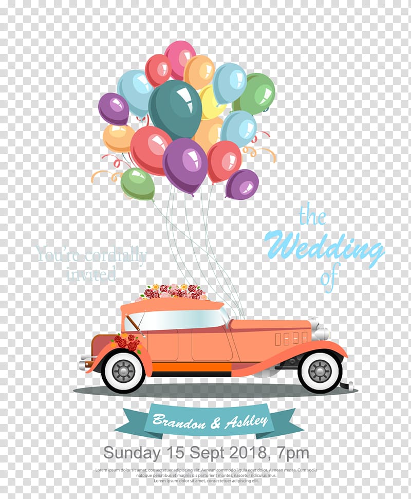 just married with car and balloons template, Car Marriage, Cartoon wedding car transparent background PNG clipart