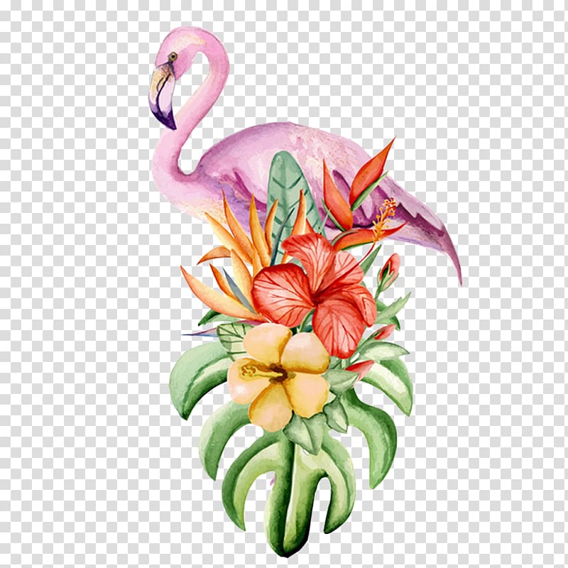 flamingo and hibiscus flowers illustration, Flamingos Painting Hibiscus, Flamingos hibiscus painting material transparent background PNG clipart