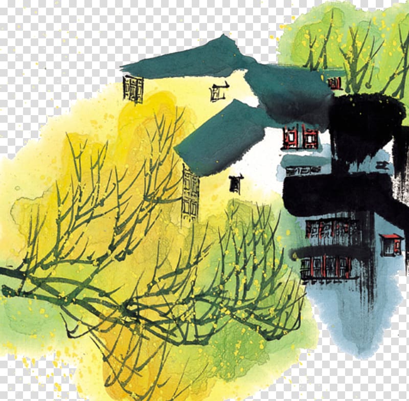 Ink wash painting u56fdu753bu5c71u6c34 u6e29u4e00u58f6u6708u5149u4e0bu9152 Watercolor painting, Ginkgo cabin ink transparent background PNG clipart