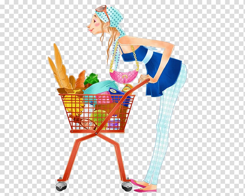 Shopping cart Drawing Cartoon, Cartoon shopping woman transparent background PNG clipart