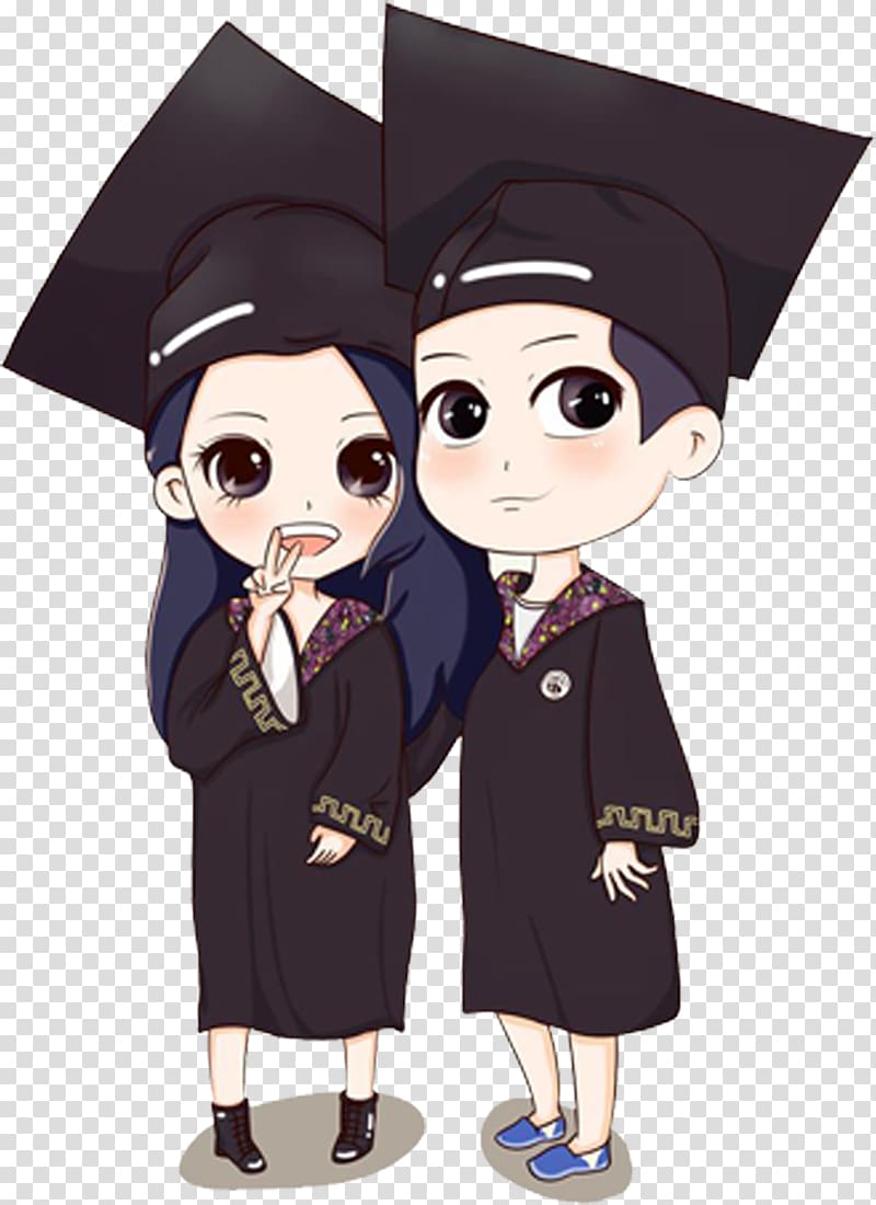 two animated illustration of woman and man wearing academic dresses, Graduation ceremony, People graduation season transparent background PNG clipart
