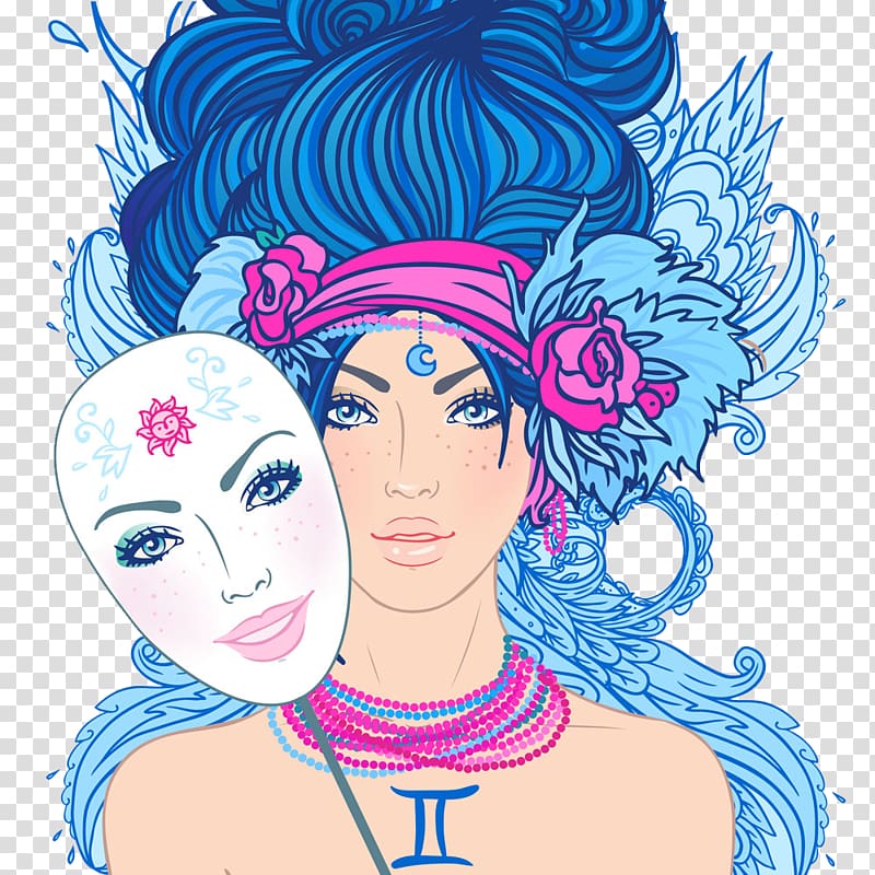 Gemini Astrological sign Zodiac Astrology Illustration, Blue masked princess transparent background PNG clipart