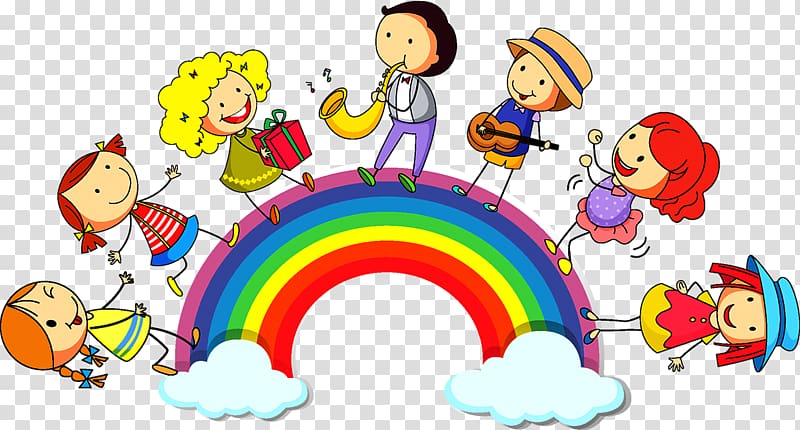 children playing instrument standing on rainbow illustration, Rainbow Child Illustration, Rainbow Children transparent background PNG clipart