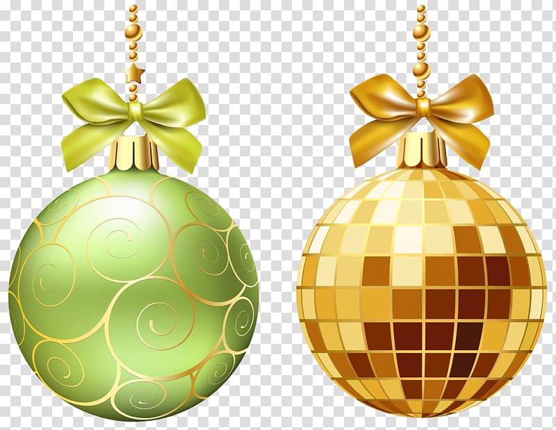 two gold and green baubles illustration, Christmas ornament , Christmas Balls transparent background PNG clipart