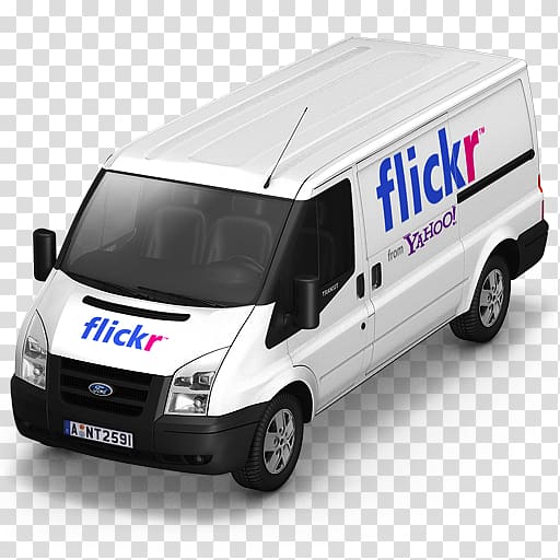 white Ford Transit van with flickr from Yahoo! decals, minivan model car, Flickr Van Front transparent background PNG clipart