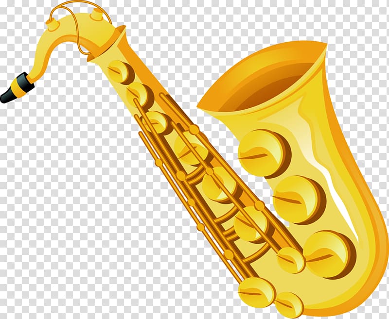 Baritone saxophone Musical instrument, hand painted gold saxophone transparent background PNG clipart