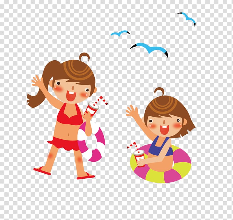 Illustration, Gulls and swim at the beach girl transparent background PNG clipart