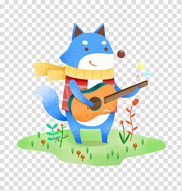 Illustration, Blue fox back Guitar transparent background PNG clipart