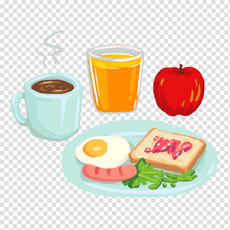 Coffee Juice Breakfast Barbecue Pizza, Free Nutritional Breakfast Package wind pull the painting material transparent background PNG clipart