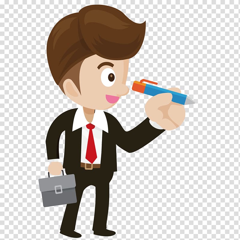man wearing black suit jacket illustration, Magnifying glass Icon, Take a businessman with a ballpoint pen transparent background PNG clipart