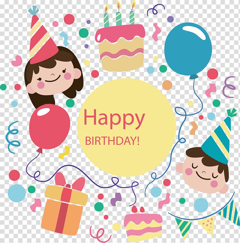 happy birthday illustration, Birthday cake Happy Birthday to You Party Birthday card, hand-drawn cartoon kids celebrate birthday transparent background PNG clipart