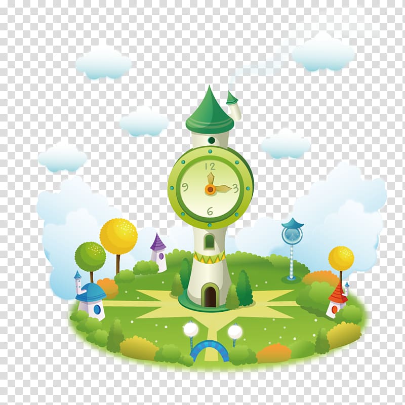 Cartoon Clock tower Illustration, Fairy big clock tower transparent background PNG clipart