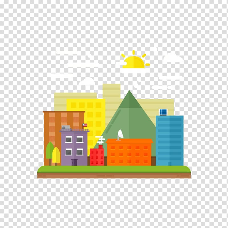 Ornament Illustration, Cartoon city slowly rising sun transparent background PNG clipart