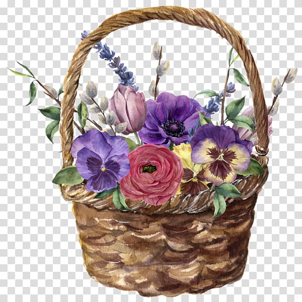 Floral design Watercolor painting Flower Basket, Watercolor basket transparent background PNG clipart
