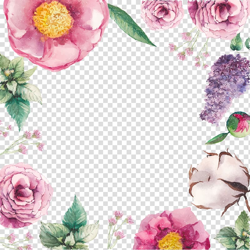pink and purple petaled flowers illustration, Greeting card Birthday Flower Wish Postcard, Flowers texture borders transparent background PNG clipart