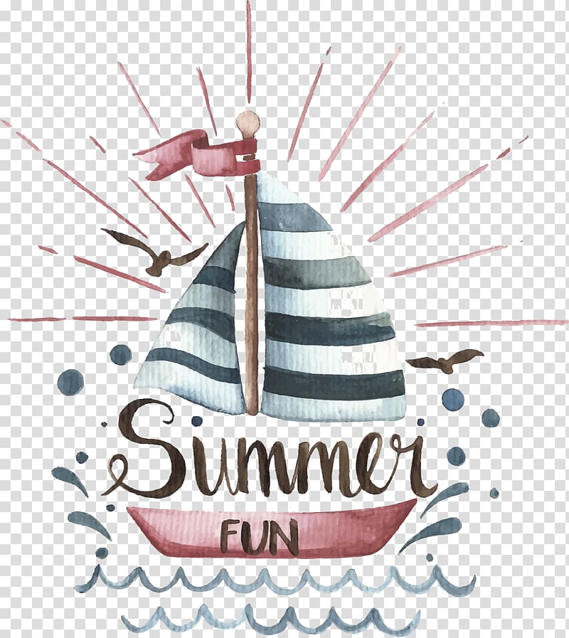 Summer Fun sailboat illustration, Euclidean Watercolor painting, Watercolor sailing ship transparent background PNG clipart