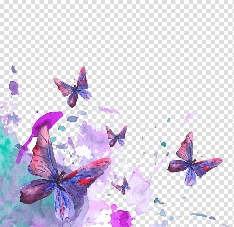 blue-and-red butterflies illustration, Butterfly Watercolor painting illustration, Color ink butterfly high-definition deduction material transparent background PNG clipart