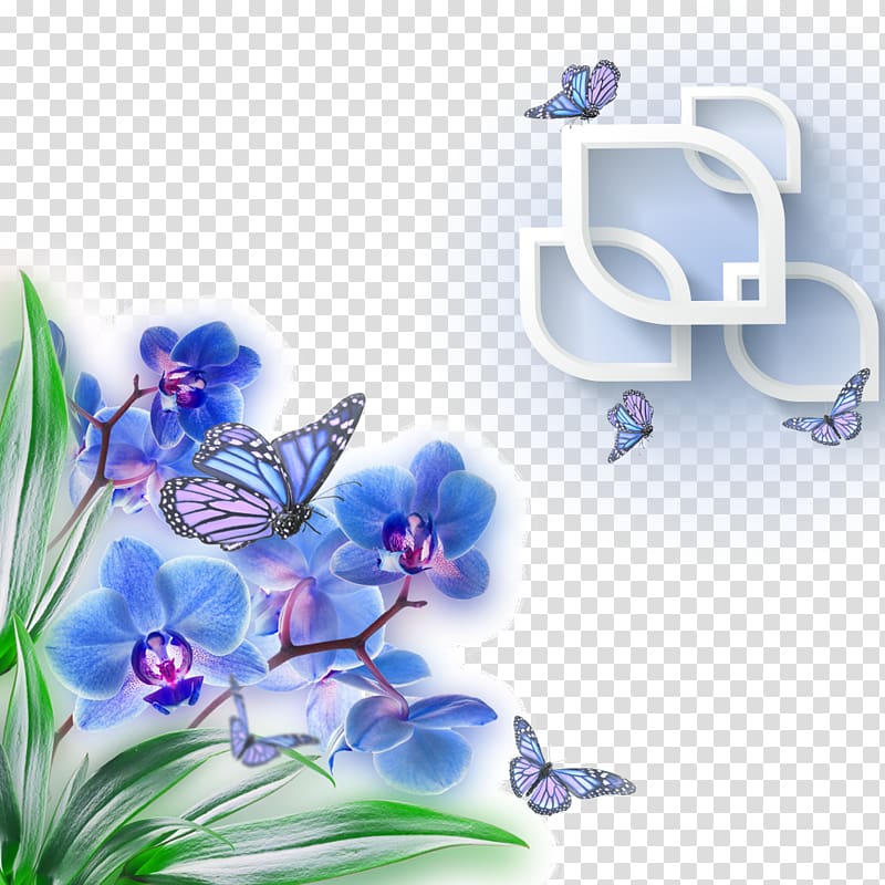 blue and purple flowers and butterflies , Mothers Day Wish Greeting card , Blue butterfly orchid decoration transparent background PNG clipart