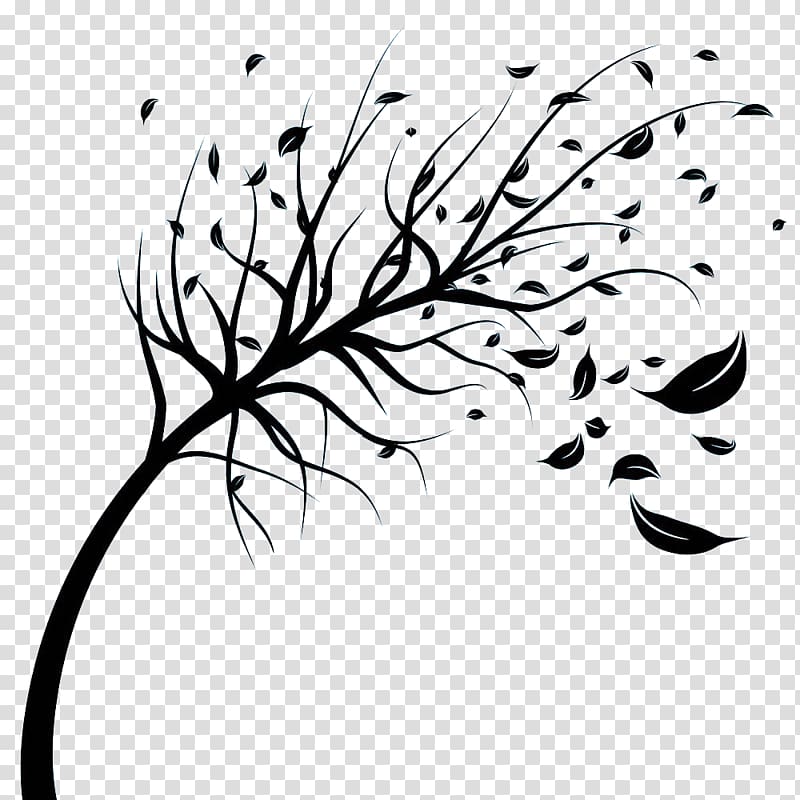 black leaves on tree branch , Wind Tree , Black wind blowing leaves silhouette transparent background PNG clipart