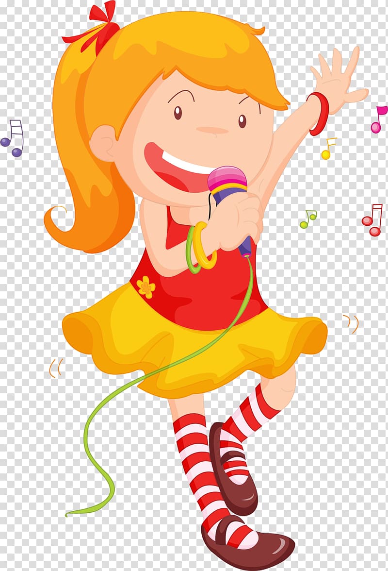 yellow-haired girl wearing red and yellow dress illustration, Singing Dance Child , A girl singing with a microphone transparent background PNG clipart