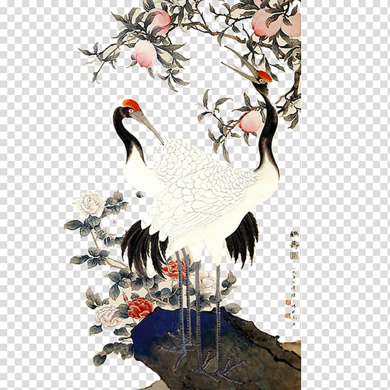 two red-crowned cranes illustration, Ink wash painting Oil painting Chinese painting u8cc0u306eu795du3044, Crane painting transparent background PNG clipart