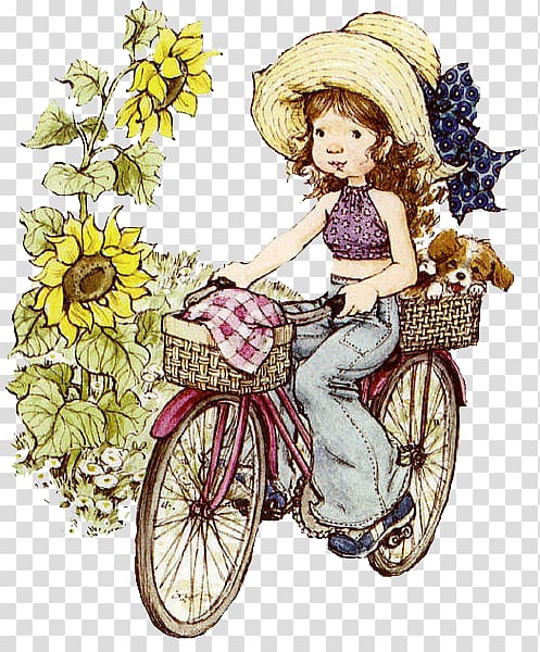 woman riding bike illustration, Le grand livre de Sarah Kay Drawing Teacher Illustration, Girl with sunflowers painted material transparent background PNG clipart