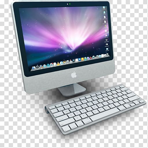 desktop computer gadget electronic device, iMac, silver MacBook turned on transparent background PNG clipart