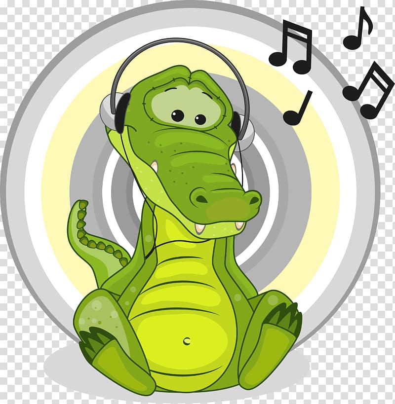 Cartoon Drawing Illustration, Wearing headphones crocodile transparent background PNG clipart