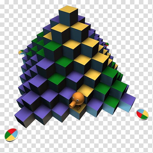 purple, yellow, and green cube boxes, triangle symmetry, QBert transparent background PNG clipart