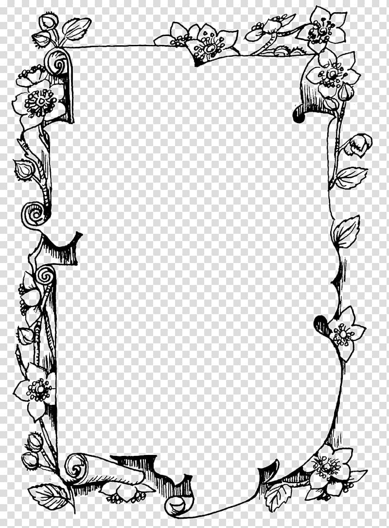 black and white floral borderline, Frames Black and white Drawing Monochrome , FLOWER FRAME transparent background PNG clipart